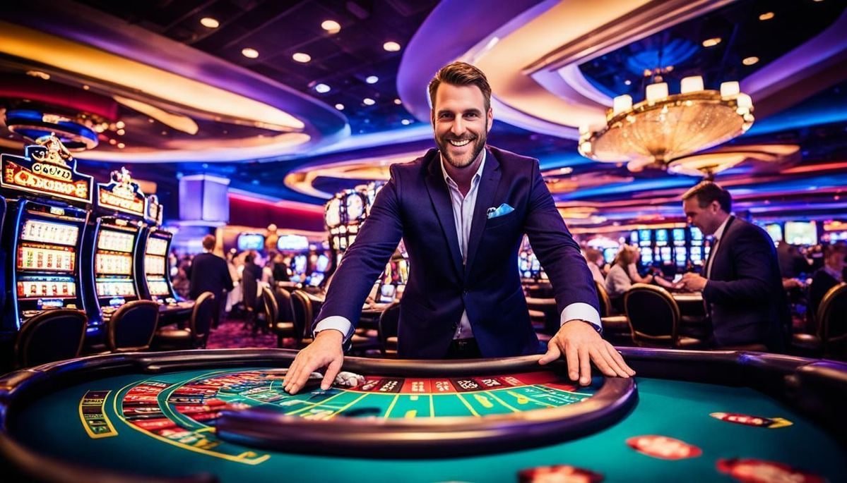 Dashboard view showing live casino tables, sports betting options, and payment method selection